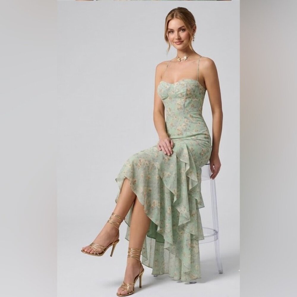 Sage Floral Ruffle High-Low Maxi Dress Green - Picture 3 of 9